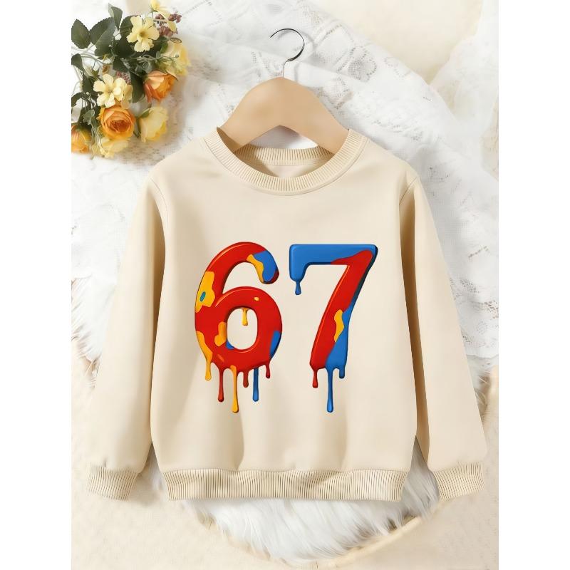 Unisex Kids Crewneck Sweatshirt, Color Drip 67 Number Graffiti Print Pullover, Boys Girls Streetwear Casual Sweatshirt For Kids Over 4 Years Old