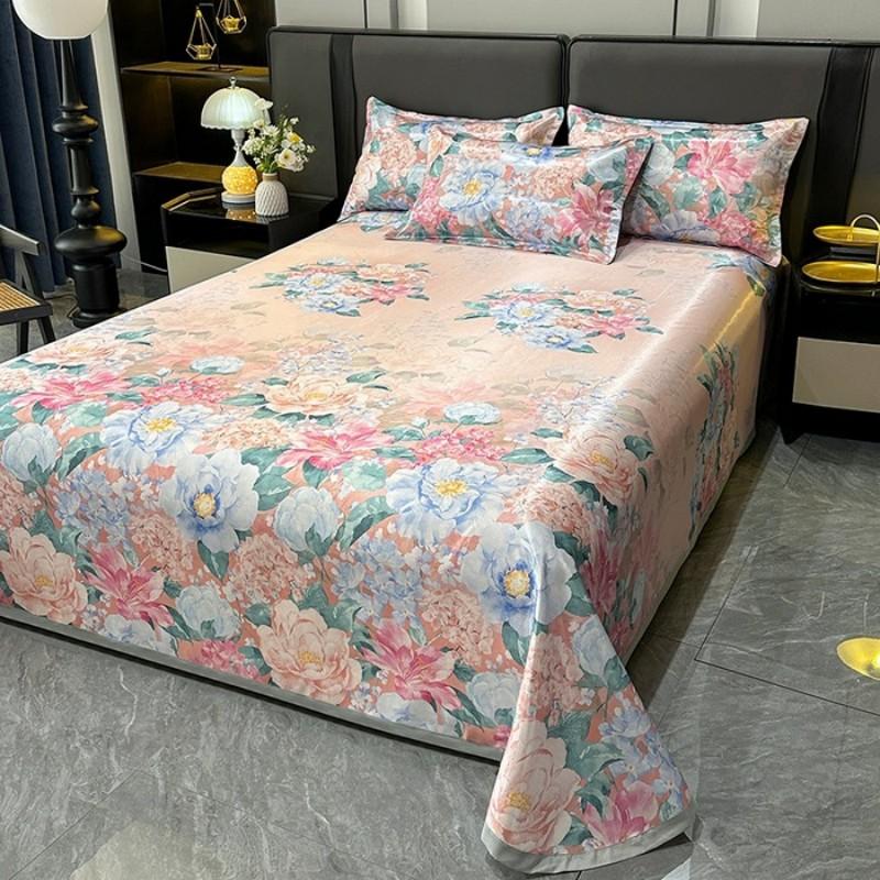 Nordic Style Floral Printed Cooling Mat Set Summer Skin Friendly Ice Silk Bed Sheet Set With Pillowcase Breathable Bed Mattress