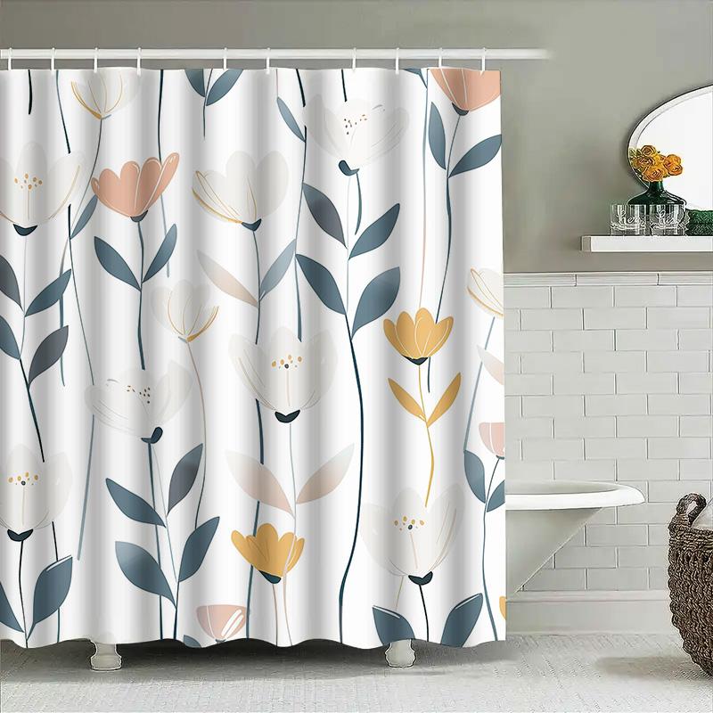 Fashion Bath Curtains With Flower Patterns Modern Shower Drapes For Bathroom Decor In White Grey
