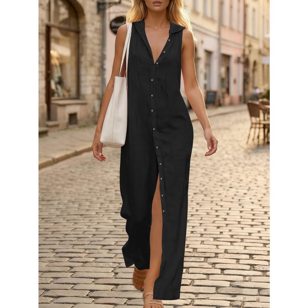 Spring Summer Solid Color Sleeveless Hooded Dress, Casual Single-breasted Cardigan Cover Up For Women