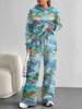 European, American Autumn And Winter Blue Splicing Flower Casual Long-Sleeved Suit Women'S Hooded Sweater Trousers Two-Piece Set