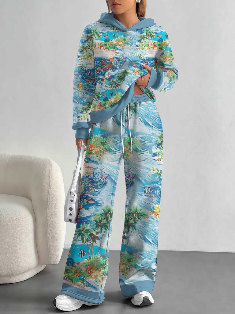 European, American Autumn And Winter Blue Splicing Flower Casual Long-Sleeved Suit Women'S Hooded Sweater Trousers Two-Piece Set