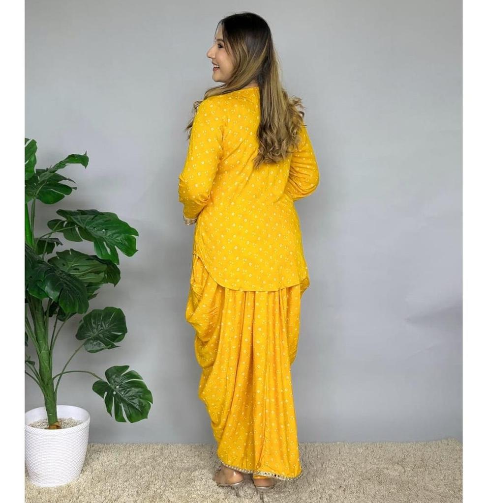 Women Designer Bandhani Print Cord Set Indian Bollywood Dhoti Kurta Top Tunic Dress