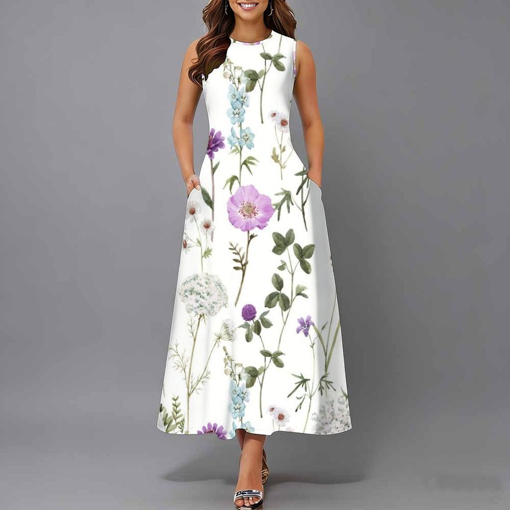 Women Plus Size Sleeveless Round Neck Dress Charming Floral Pattern Loose Mid Calf Gown