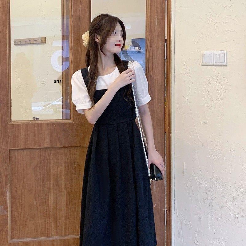 Plus Size Strappy Maxi Dress - French Retro Little Black Patchwork Summer Style 3XL [Recommended 80-90 kg]