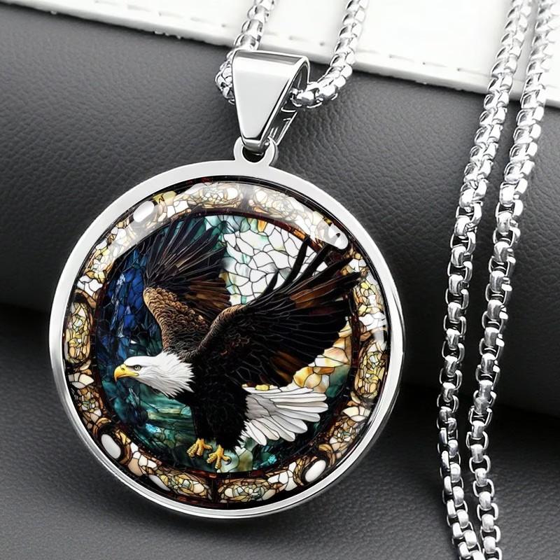 Men's Stained Glass Style Spread-winged Bald Eagle Trendy Men's Jewelry Fashion Necklace Pendant