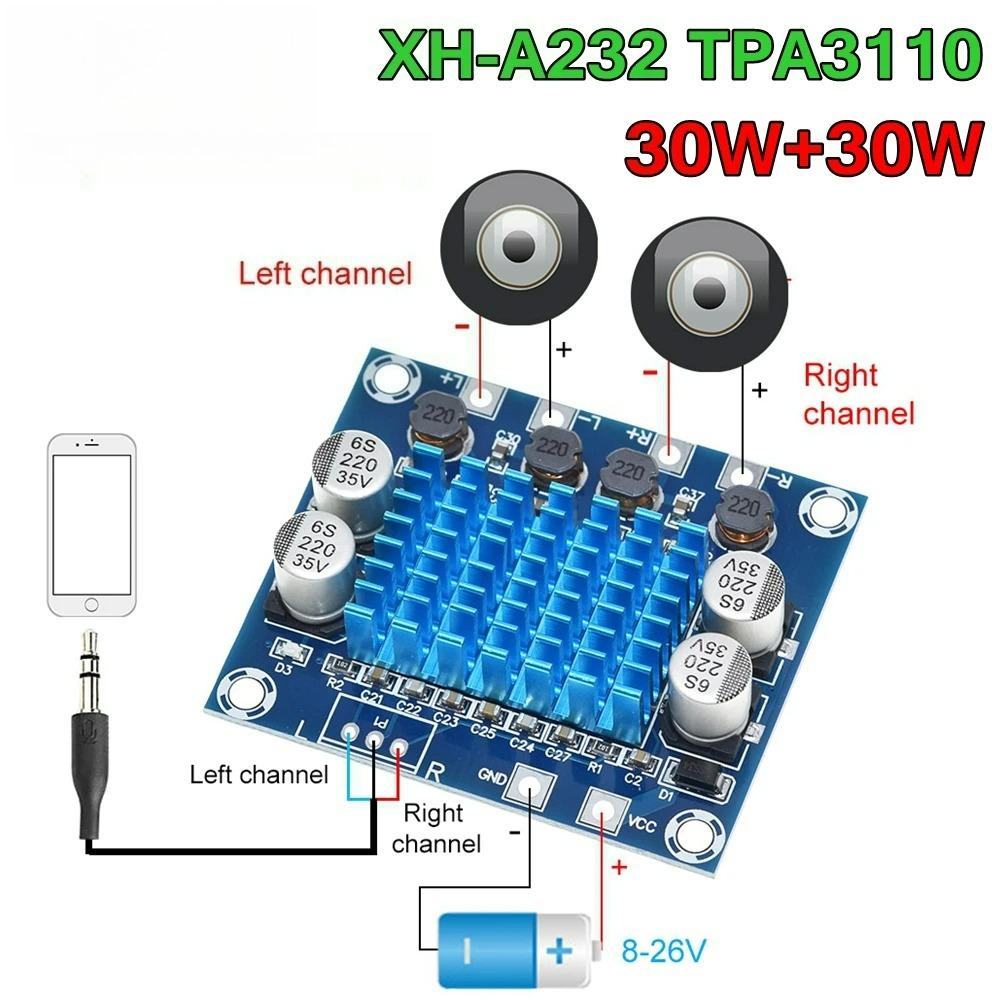 1-5pcs XH-A232 Amplifier Power Supply DC 8-26V 30W*2 2.0 Channel Digital Stereo Audio Power Amplifier Board TPA3110 for Arduino