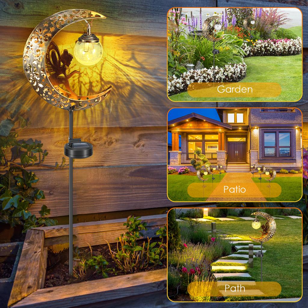 Solar Garden Lights Moon Fairy Crackle Glass Stake Lights Waterproof Warm White LED Metal Decorative Lights Outdoor Pathway