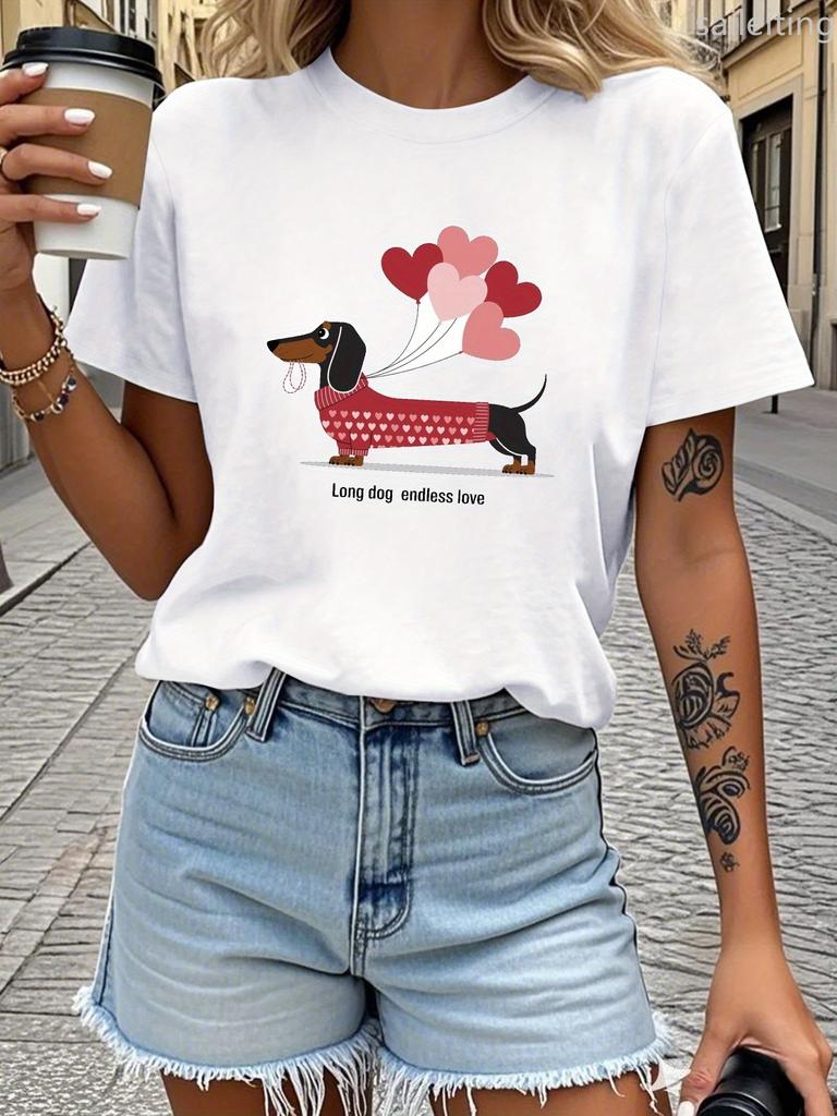 Teediy Dachshund Balloons Long Dog Endless Love Pure Women'S T-Shirt Comfort Women's Harajuku Sleeve Casual Aesthetic Clothes