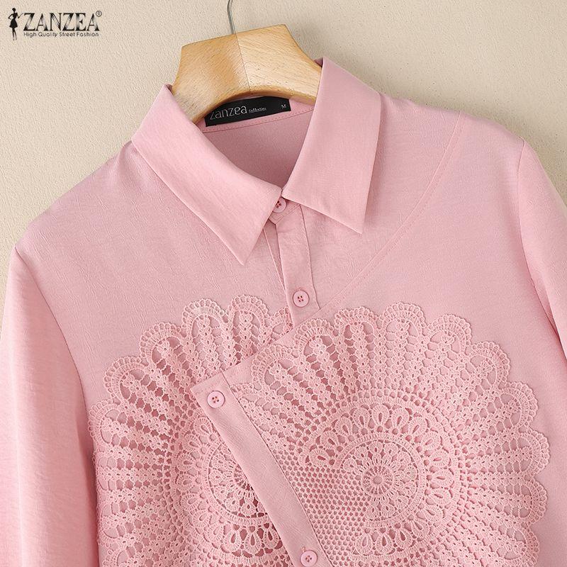 ZANZEA Women Casual Turn Down Collar Long Sleeve Lace Patchwork Blouse