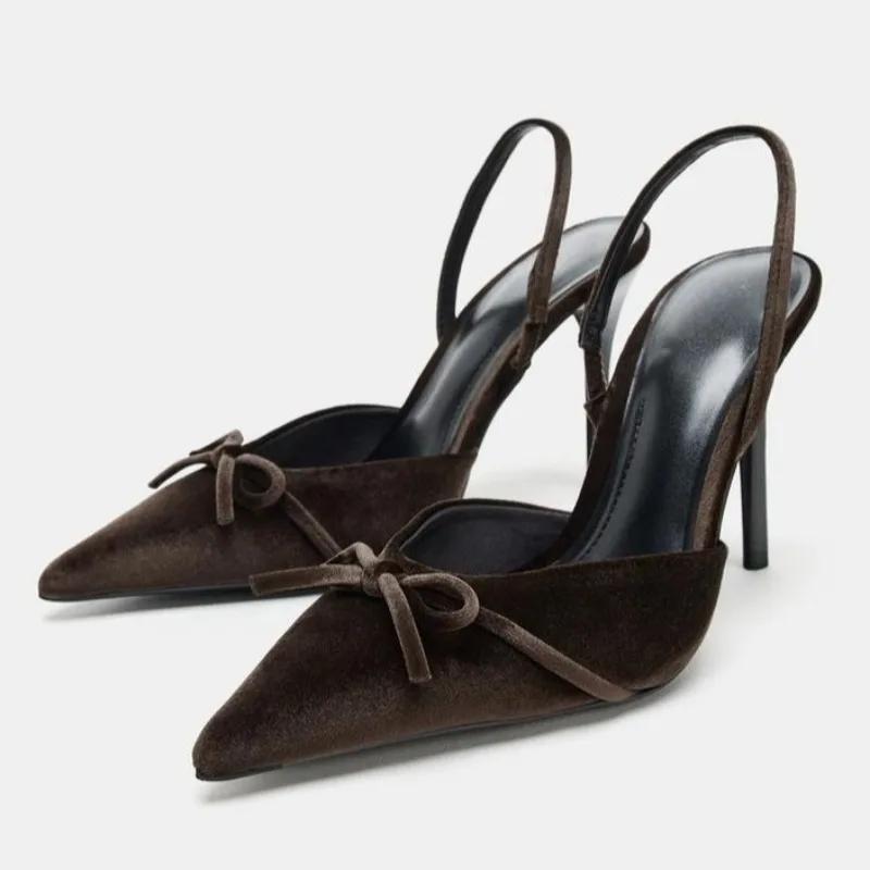 

Butterfly Knot Decoration Women Party Pumps Retro Coffee Velvet Sexy Pointed Toe Slingbacks Elegant High Heels Shoes for Ladies 42 коричневий