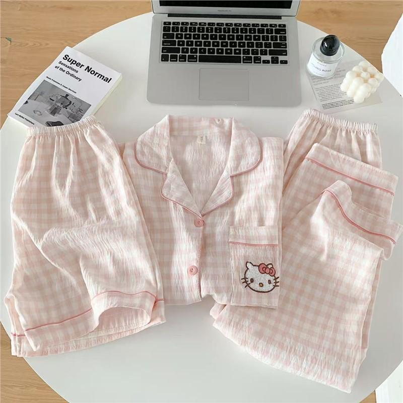 Set de pijamale de vară pentru femei cu pisicuță: Bumbac Nor Scutec cu Mânecă Scurtă, Pantaloni Scurți și Pantaloni Lungi