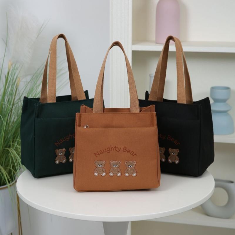 Cute Small Bear Printed Canvas Versatile Handbag Commuter Office Worker Lunch Bento Tote Bag
