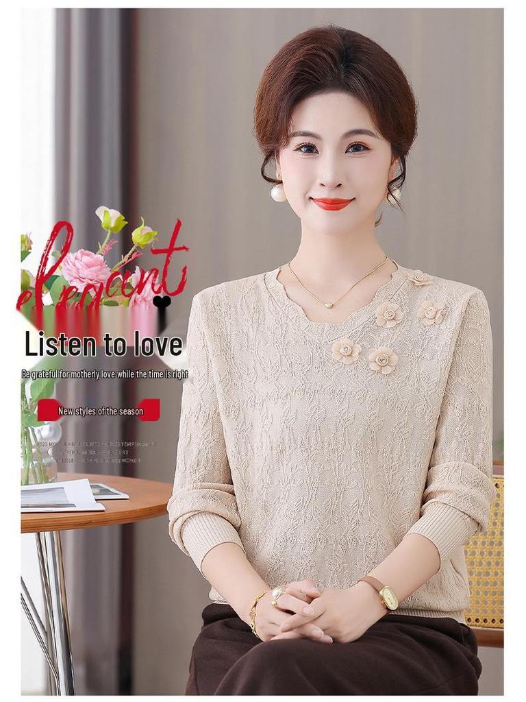Mom's Versatile Long-Sleeve Knitted Sweater for Middle-Aged and Elderly Women - Elegant Pullover for Spring and Autumn.