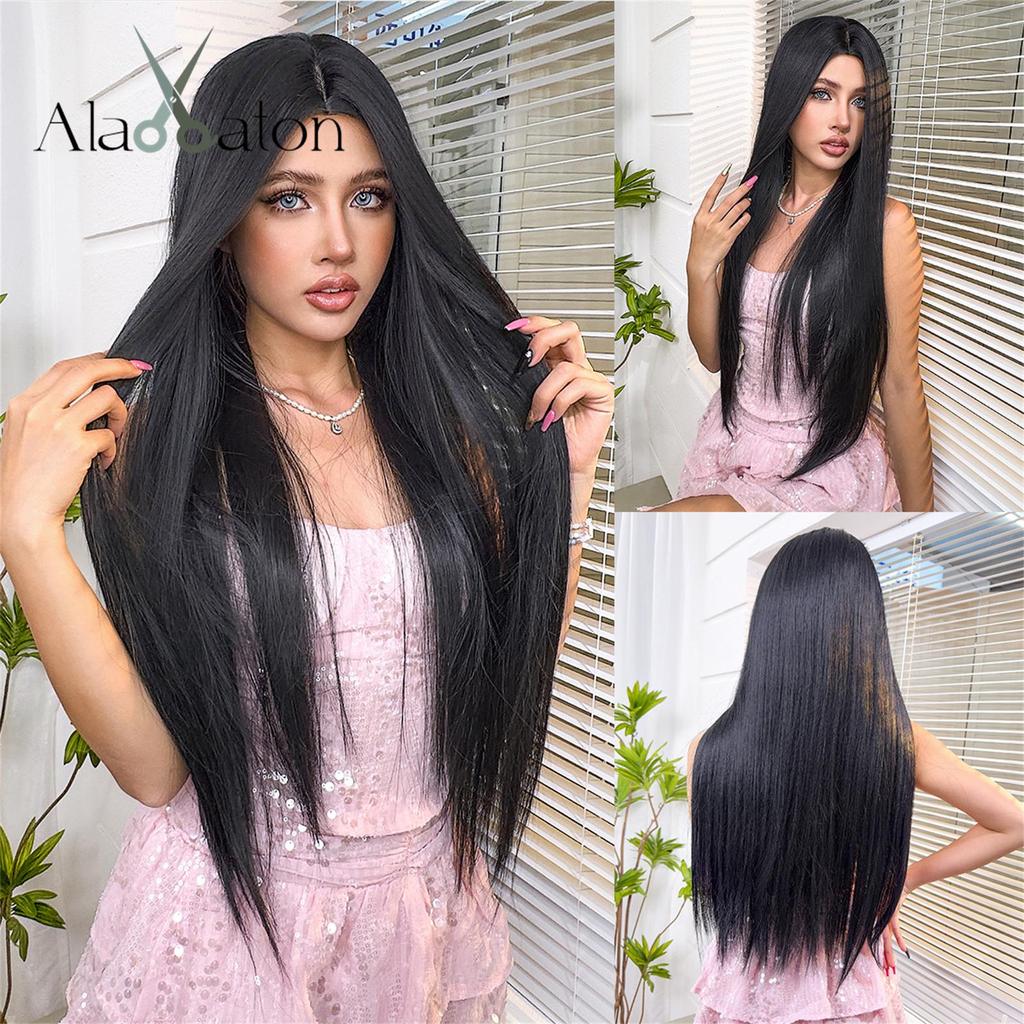 ALAN EATON Long Straight Wigs Black Synthetic Wigs for Women Cosplay Party Daily Wear Heat Resistant Natural Looking Fiber Wig