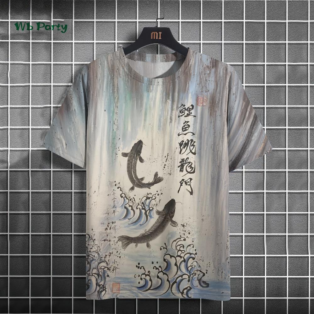 

Fashionable men s T-shirt with ink painting print short sleeved T-shirt oversized casual top summer men s daily outdoor clothing XL