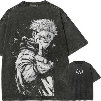 Jujutsu Kaisen Ryomen Sukuna T-Shirt Men Yuji Itadori Graphic Tee Vintage Washed Cotton Anime Streetwear Clothing
