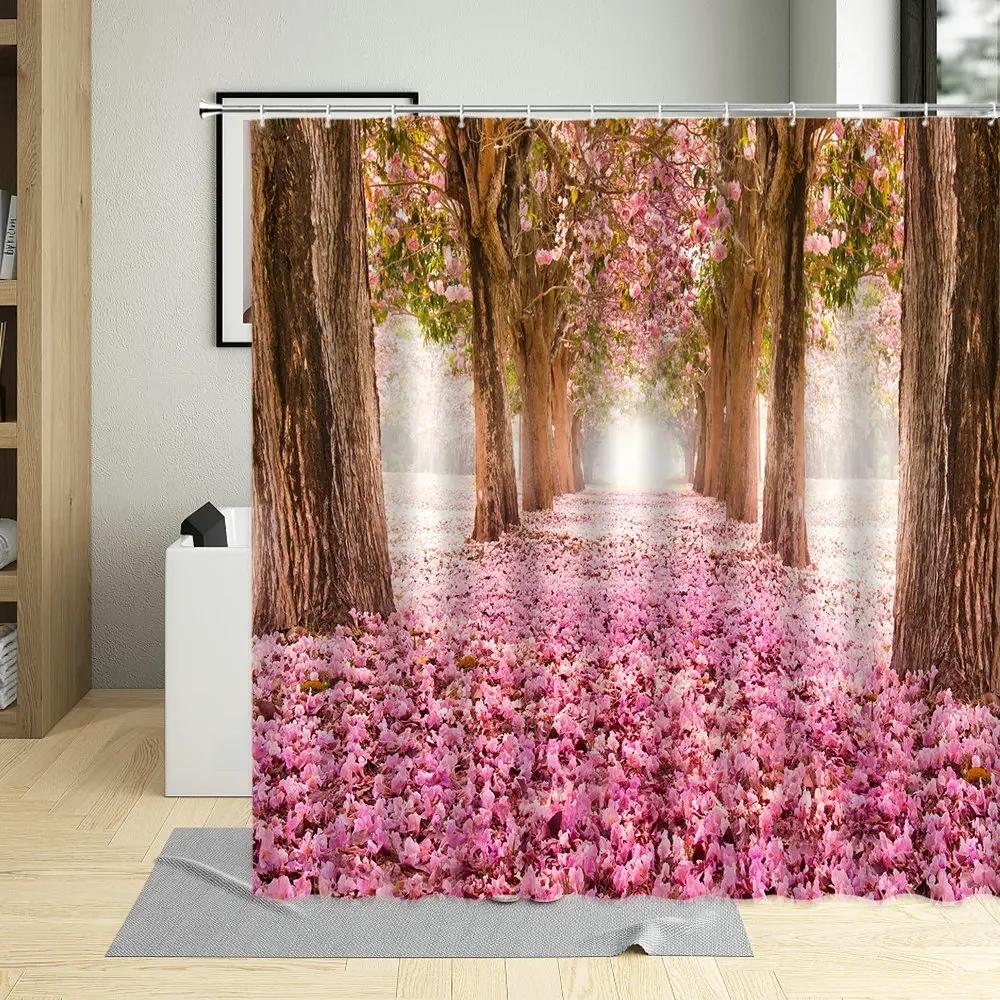 Flower Plant Landscape Shower Curtain Cherry Blossom Waterfall Green Forest Manor Arch Bridge Ocean Scenery Bathroom Curtain Set