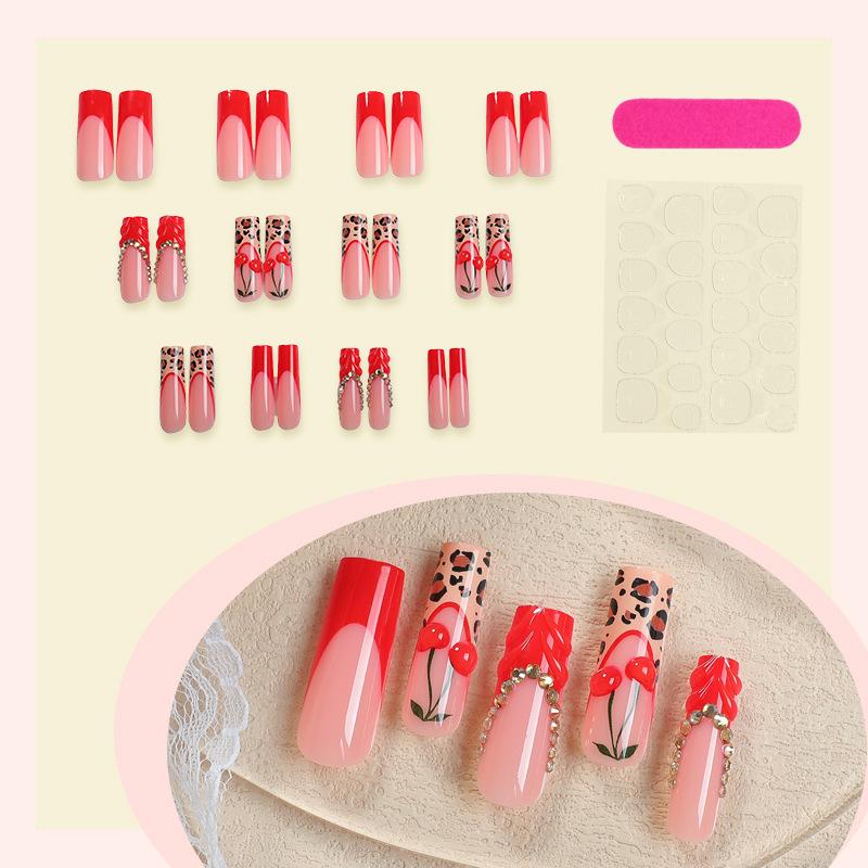 New Long Water Pipe Wearing Nail Red Leopard Print French Edge Cherry Rhinestone Three-dimensional Wearable Manicure Nail