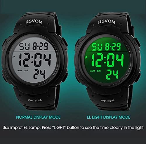 RSVOM Men's Digital Sports Watch Big Face 50M Waterproof Silicone Band LED Backlight Alarm Stopwatch