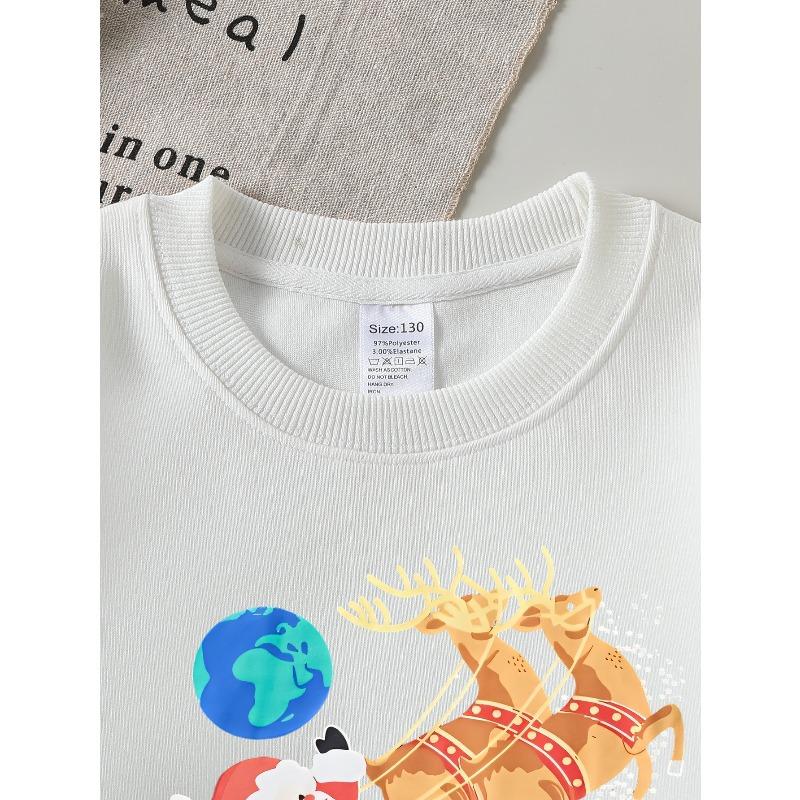 European sizes Santa Claus Reindeer Sleigh Christmas Stars Globe Girls' Crew Neck Sweatshirt, Autumn Winter Western Top.