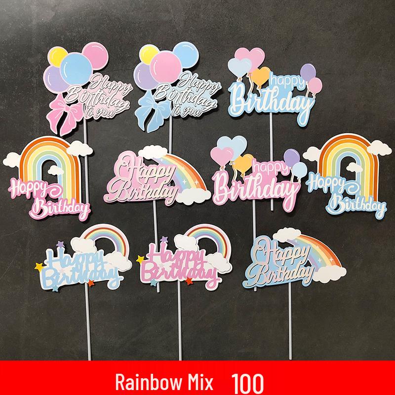 Large Rainbow Birthday Cake Toppers: Seven-Color Balloons, Love Hearts, Clouds, Stars Ornaments