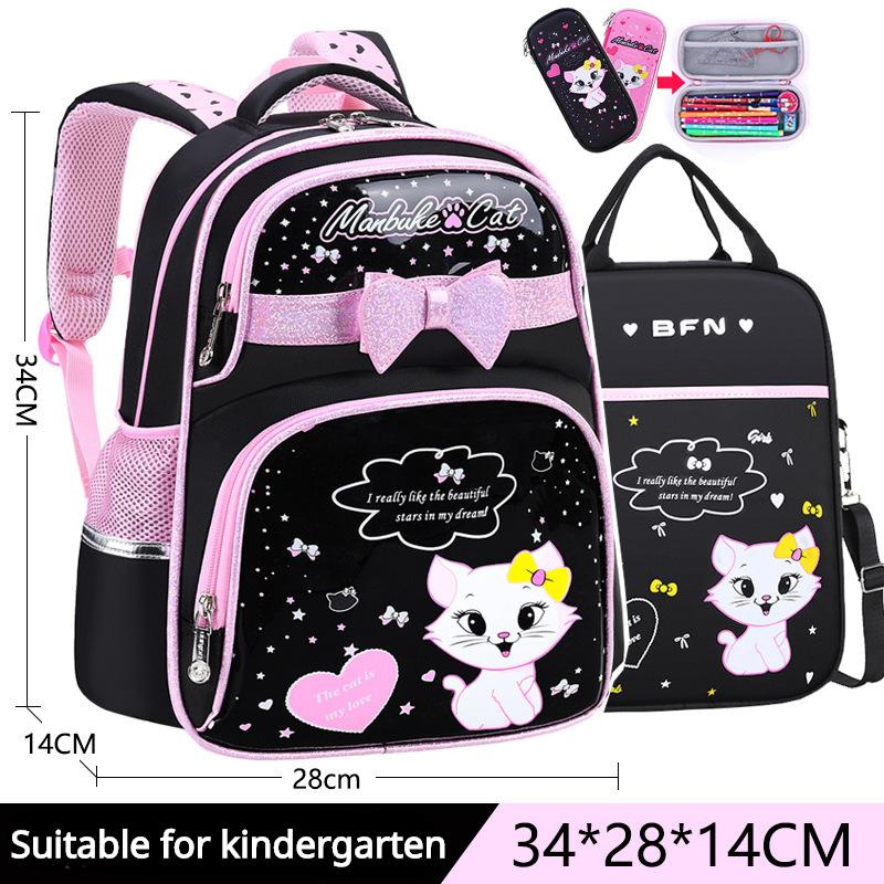 

Детские школьные сумки для девочек 1-6 классов с принтом кота, комплект из 3 предметов. Рюкзак для начальной школы. Детская школьная сумка для книг с сумочкой. Пенал. Kindergarten чёрный