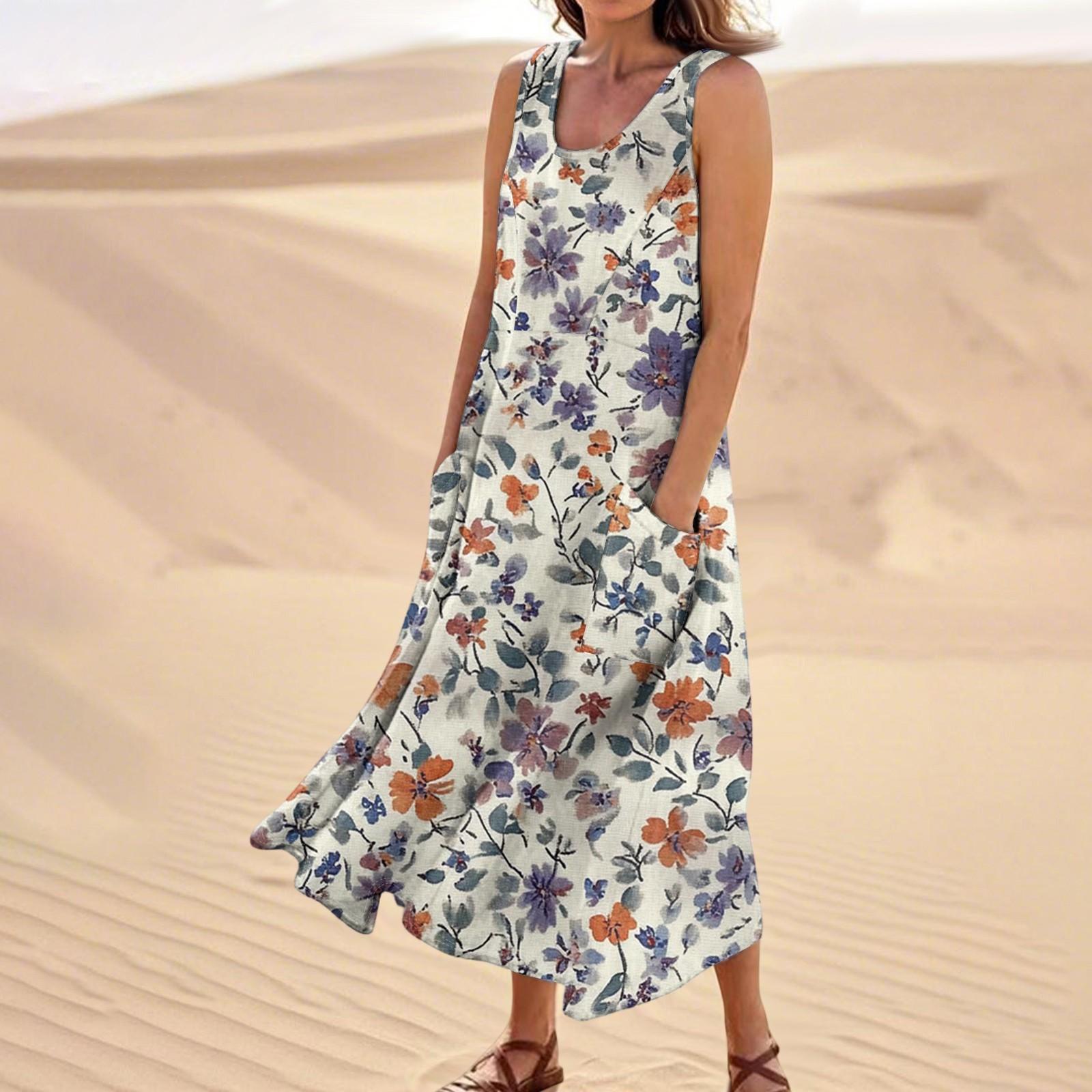 

Женское летнее повседневное модное платье без рукавов с цветочным принтом и карманом XL бежевый