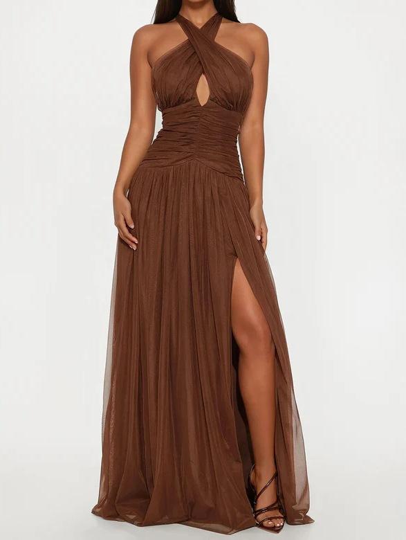 European and American new celebrity style elegant temperament waist long dress French retro banquet dress pleated long dress dress S коричневый