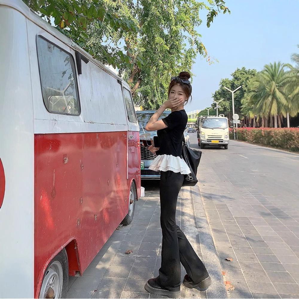 In-Stock Women's Patchwork Lace Puff Sleeve Slim Fit T-Shirt