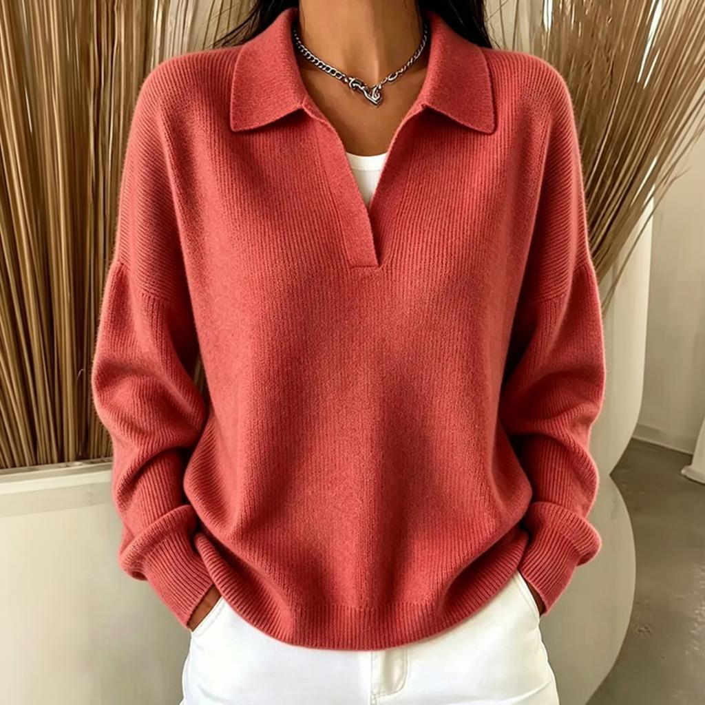 Women's V-Neck Collared Ribbed Knit Loose Fit Casual Sweater for Spring and Fall