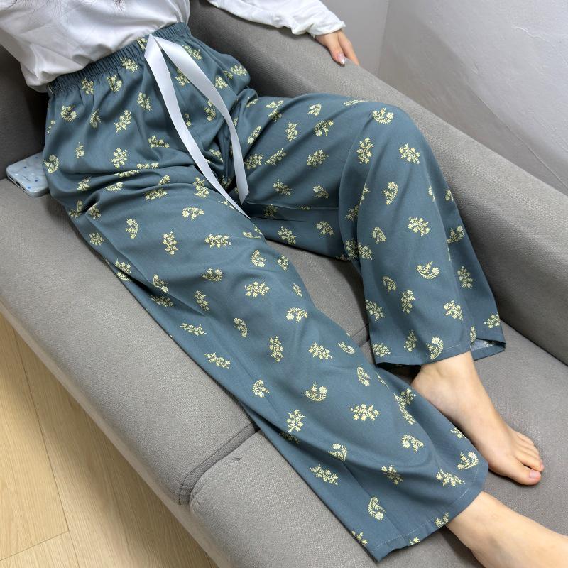 Damen-Blumen-Baumwoll-Seiden-Pyjama - Große Größen, Sommer, Leicht, Für draußen, Gerades Bein, Lockerer Schnitt