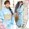 RAVIR Yukata Refreshing White Background with Watercolor Fluffy Obi and Geta One Size Fits All Women's 3-Piece Set, Flowers, Belt, Sandals, Blue,