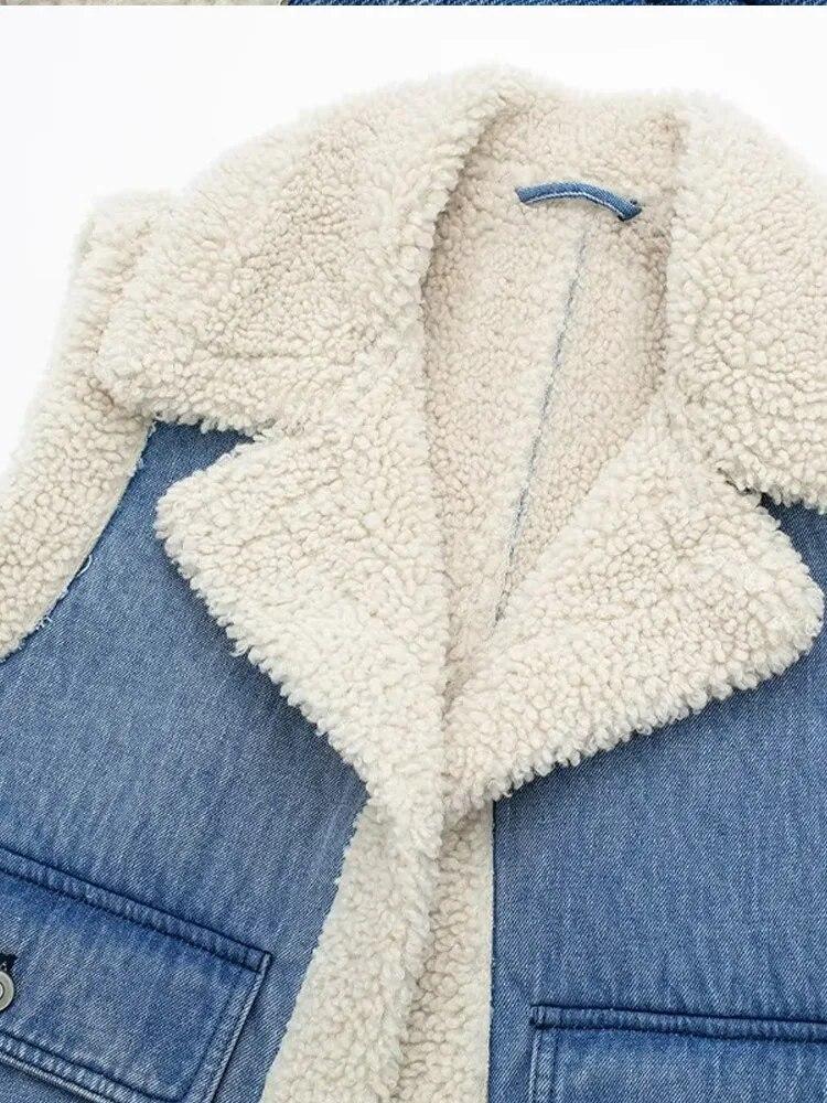 Winter Warm Waistcoat Jacket Women Thick Patchwork Female Vest Autumn Winter Lapel Fleece Pocket Sleeveless Lady Streetwear