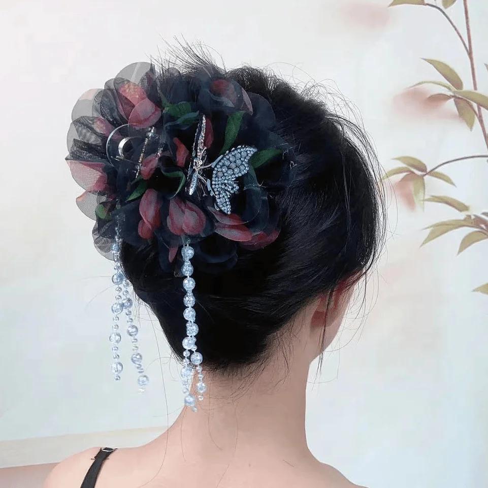 Women Ladies Summer Autumn Hair Accessories Butterfly Tassel Girls Super Fair Flower Multi-layer Hair Claw Fancy Headwear