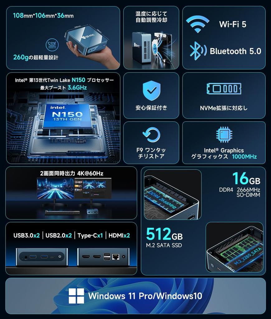 BMAX Mini PC with Intel N150 Better Operation Than Ryzen 5 DDR4 16GB 512GB SSD SSD NVMe Expansion Up To Automatic Cooling Windows 11 WIFI TDP LAN