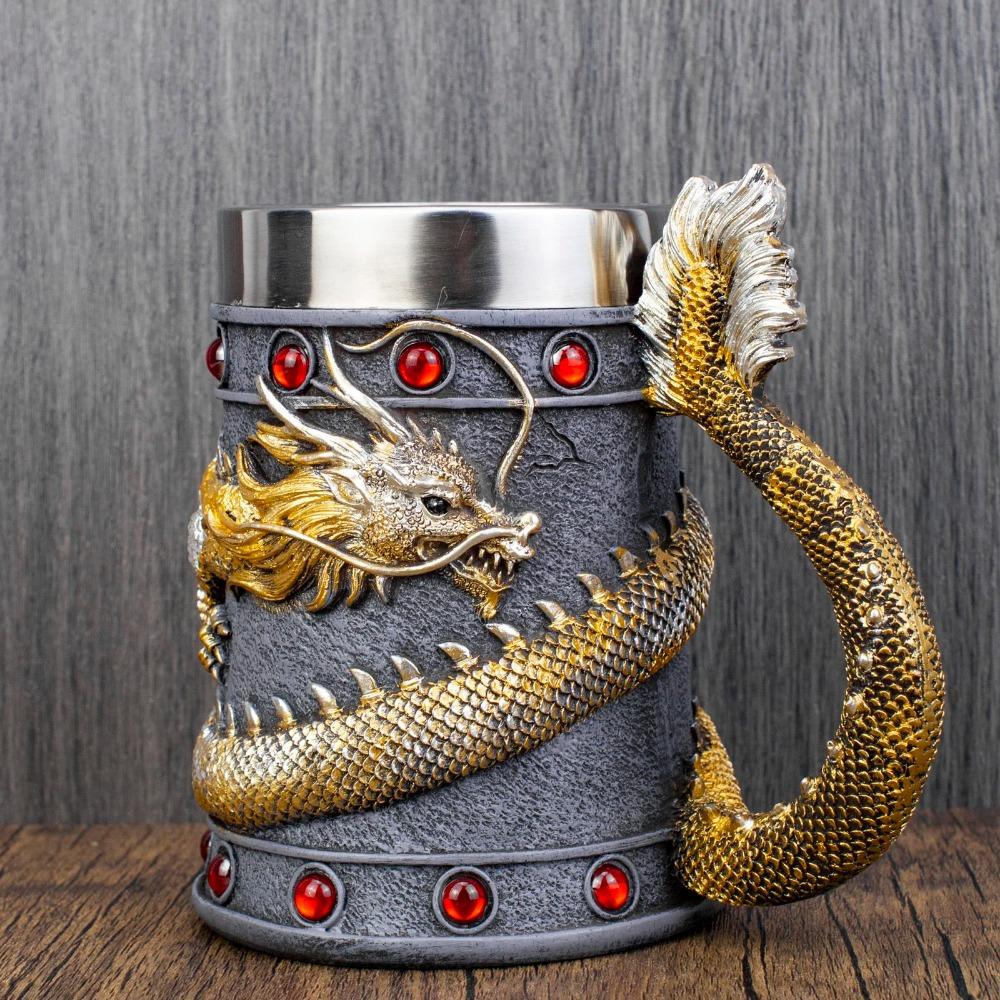Drachenspule Bierkrug 3D Harz Edelstahl Mit Drachenschwanzgriff Rot Gold Drache Kaffee Weinbecher Heiliger Gral Weihnachtsgeschenk