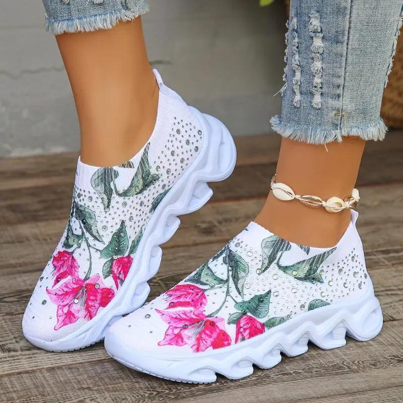 Multi Color Floral Print Chunky Heel Sneakers Women Rhineshion Mesh Sport Shoes Thick Platform Soft Comfort Woman Shoes