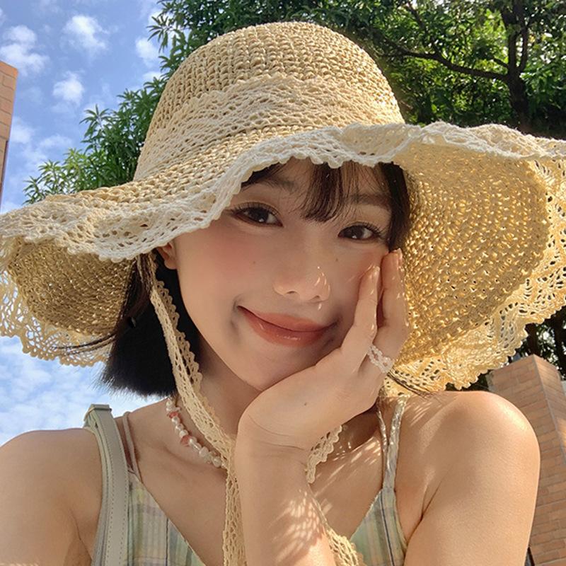 Women's Summer Travel Straw Hat Breathable Lace Trim Hollow Out Sun Protection Sun Hat Wide Brim Seaside Sunshade Hat
