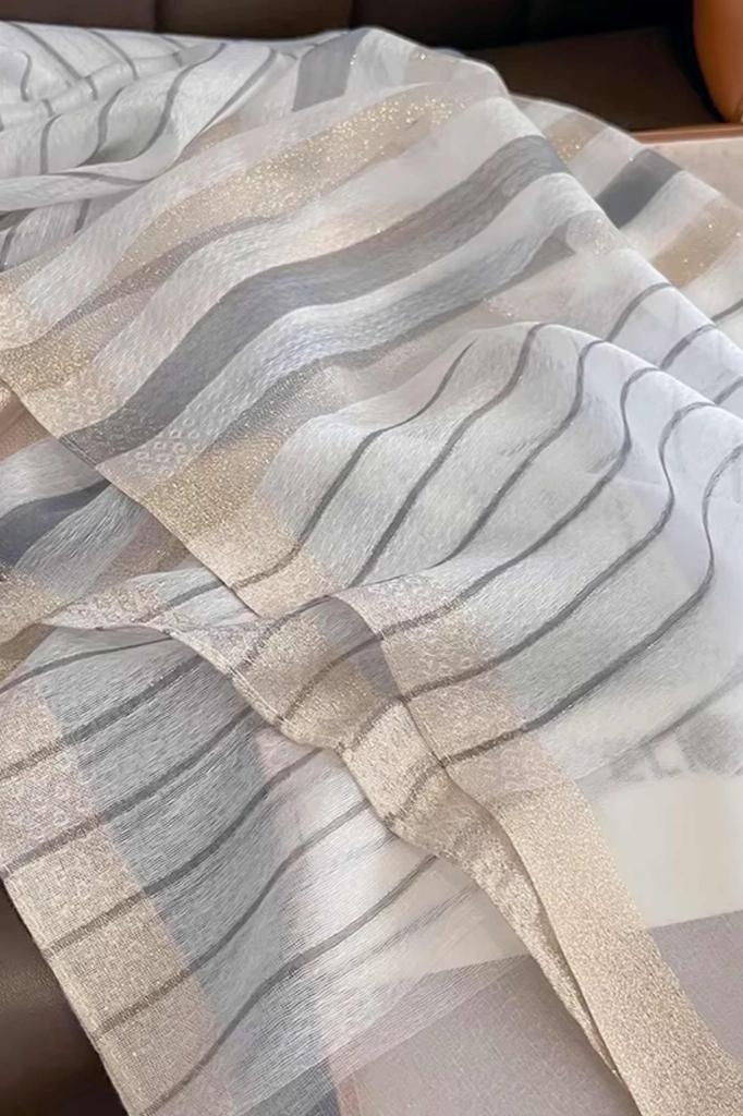 Cream Striped Scarf - Mulberry Silk and Wool, 180x90