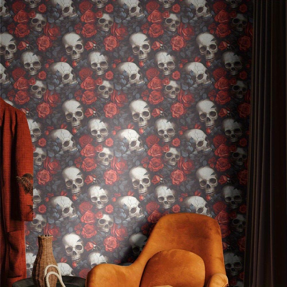 1pc Dark Style Rose and Skull Wallpaper Vintage Floral Peel and Stick Wallpaper Self-adhesive Wallpaper Removable Waterproof Wall Stickers