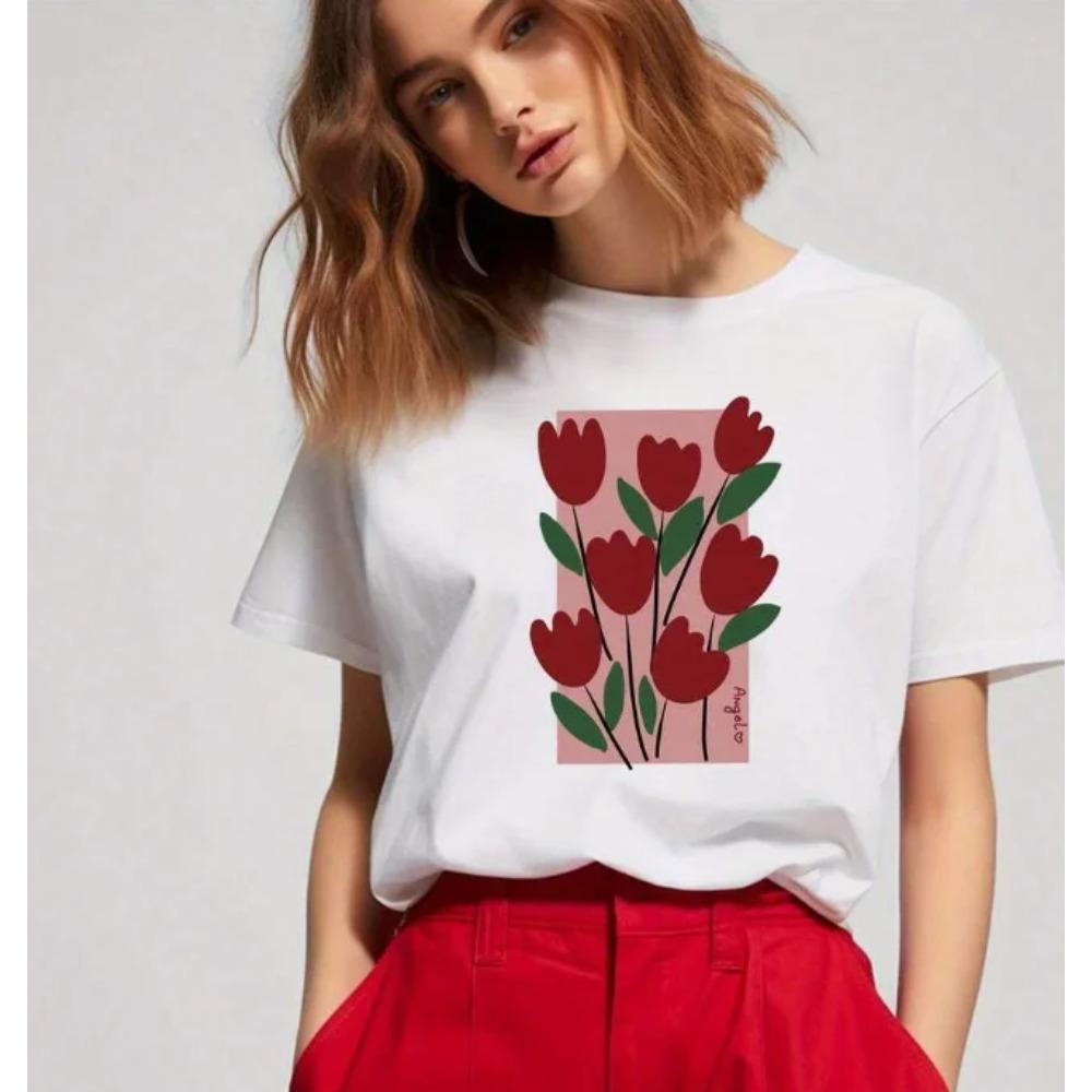 Женская повседневная футболка с коротким рукавом и круглым вырезом, красная, с принтом тюльпанов, Коллекция, Яркая, Мультяшная, Повседневная футболка| Яркая футболка с принтом S