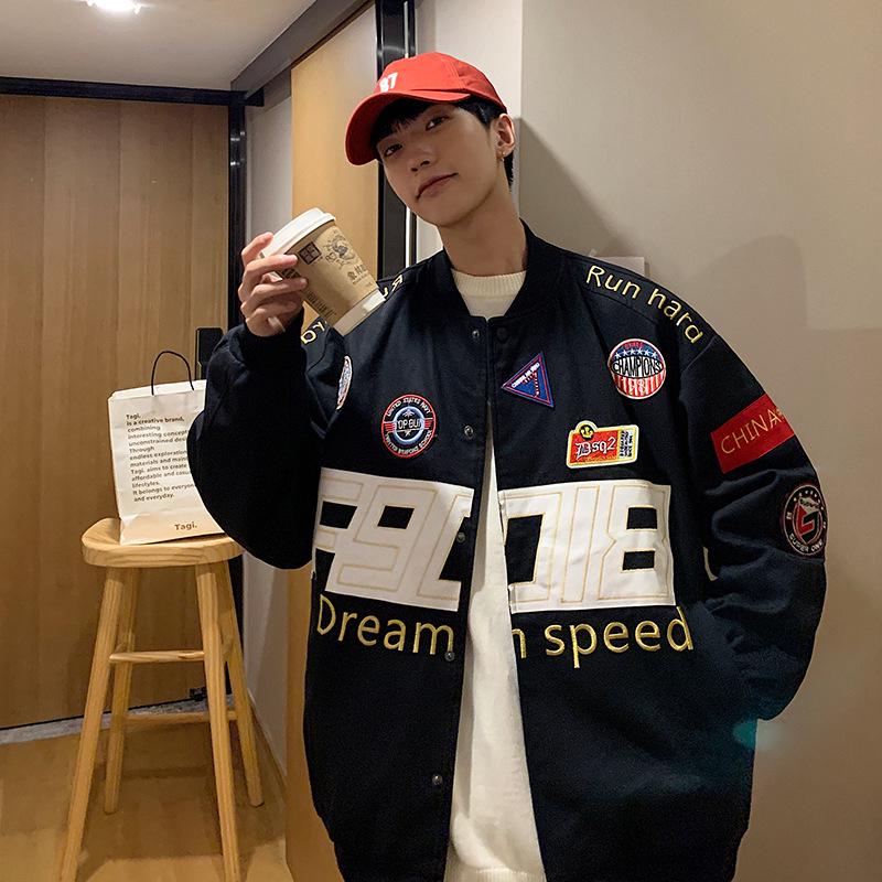 

Мужская винтажная свободная вышитая гоночная куртка L чёрный