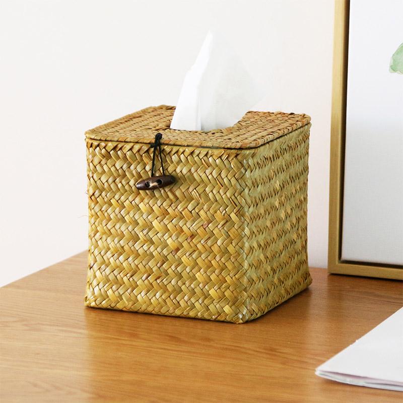 Straw Tissue Box Handmade Woven Rattan Napkin Holder Box Roll Paper Tray Car Living Room Storage Box Home Decor WF