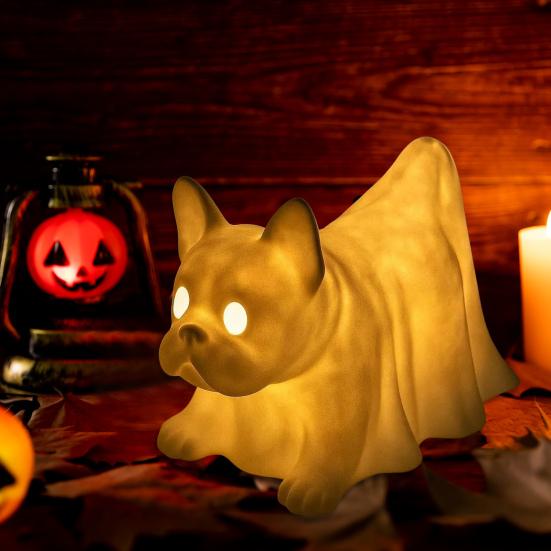 Halloween Ghost Dog Lamp Glowing Dachshund French Bulldog Nightlight LED Resin Draped Ghost Dog Figurine for Home Bedroom Desk Decor