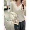 V-neck Lace Flared Sleeve Knitted Sweater Women's Spring and Autumn Winter Bottoming Shirt Pullover Retro Temperament Sweater