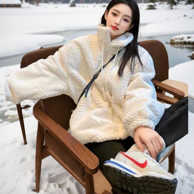 

Осень и зима новая кожаная куртка женская одежда имитация овечьей шерсти утолщенная свободная куртка из кроличьего меха с отложным воротником XL 130-77.5kg