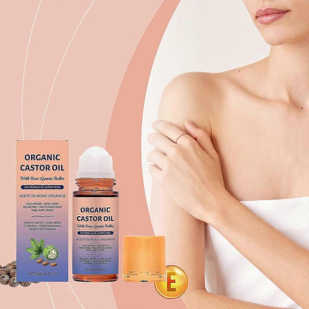 Óleo de Rícino Dourado Orgânico Roll-On com Quartzo Rosa, Puro e Congelado a Frio para Pele, Sobrancelhas e Cílios, Livre de Hexano
