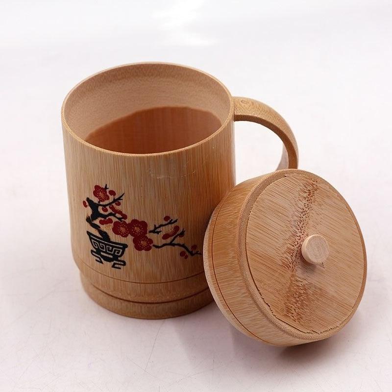 1Pc Handmade Bamboo Household Cup with Handle and Lid Printing