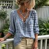 Comoda Maglietta da Viaggio da Donna Estiva Casual, Blusa con Scollo a V e Laccetti, Maniche 3/4, Blusa a Quadri Oversize con Stampa, Top Larghi e Svasati, Leggera